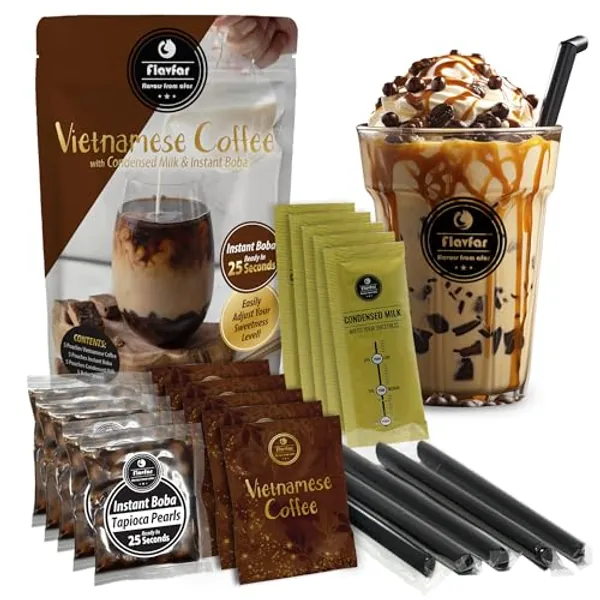 Flavfar Instant Boba Bubble Pearl Vietnamese Coffee Kit with Delicious Tapioca Boba, Ready in Just 25 Seconds | The Ultimate Bubble Tea Kit with Boba Straws for Gifting, Home, and On-the-Go Fun - 5 Servings
