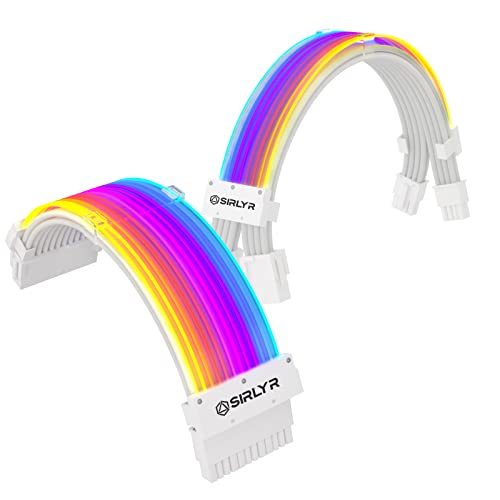 Sirlyr RGB PSU Cables,ARGB Motherboard Power Supply Cable,24 Pin+2 * 8 Pin Sleeved Cable Extension Set,5V 3Pin Synchronized,Customed White PC Chassis(White Connector Strip Style) - 24Pin+2*8Pin - Strip Style - White Connector