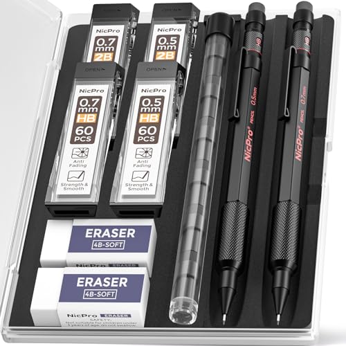 Nicpro 0.5 mm & 0.7 mm Mechanical Pencils Set with Case, MP2000 Metal Artist Mechanical Pencil With 4 Tube HB 2B Lead Refills, Eraser, Weatherproof Barrel for Outdoor Writing Drafting Sketching - 0.5mm & 0.7mm