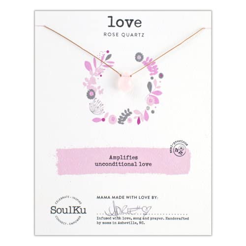 SoulKu Handcrafted Necklace, Empowerment Jewelry With Healing Crystal, Inspirational Jewelry For Women, Mom & Sister Gifts, 2" Extender With Lobster Clasp, 16" Nylon Cord (Love, Rose Quartz) - Rose Quartz - Love