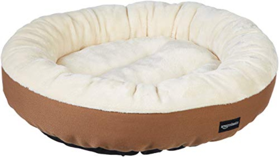 Amazon Basics - Cama redonda para mascotasc gatito o perrito, Marrón y marfil, 50 x 50 x 15 cm (L x An x Al) - Cama Redonda