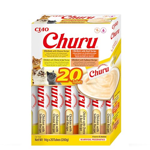 INABA Churu - Puré de Gato con 4 Sabores a Carne y Pollo - Deliciosos Snacks para Gato - Textura Suave y Cremosa - Comida para Gato - 20 Tubos x 14g - Carne de vacuno