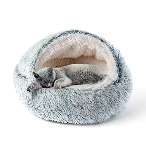 Cueva de Cama de Gato más Nueva, Casa de Cama de Donut de Felpa con Capucha de 50 cm, Sofá de cojín para Mascotas de Piel sintética para abrazar Gris - Gris-1
