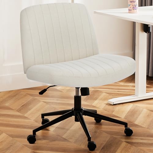 DUMOS Criss Wheels Cross Legged Armless Wide Dual-Purpose Base, Adjustable Swivel Fabric Task Vanity Home Office Desk Chair, Beige - With Wheels - Beige