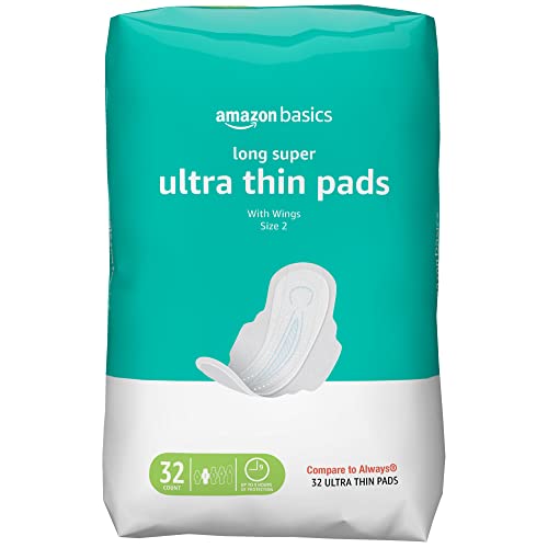 Amazon Basics Ultra Thin Pads with Flexi-Wings for Periods, Long Length, Super Absorbency, Unscented, Size 2, 32 Count, 1 Pack (Previously Solimo) - Size 2 (32 Count) - 32