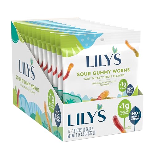 LILY'S Assorted Fruit Flavored No Sugar Added, Sour Gummy Worms Bags, 1.8 oz (12 Count) - Sour Gummy Worms - 1.8 oz (Pack of 12)