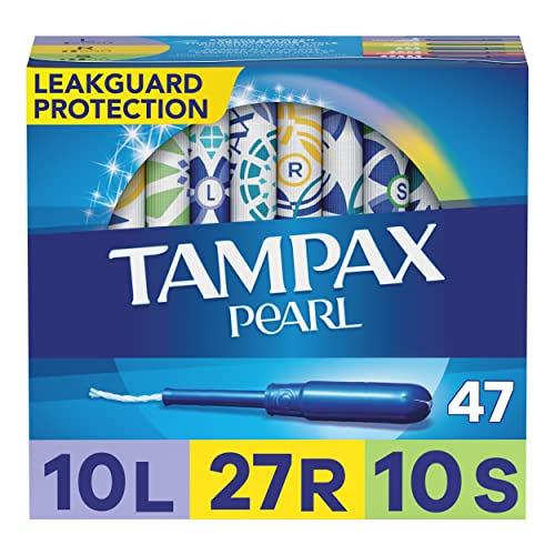 Tampax Pearl Tampons Multipack, Light/Regular/Super Absorbency, With Leakguard Braid, Unscented, 47 Count - Light/Regular/Super