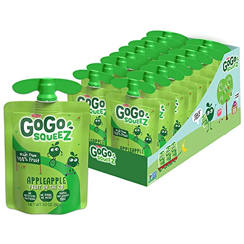 GoGo squeeZ Fruit on the Go, Apple Apple, 3.2 oz (Pack of 18), Unsweetened Fruit Snacks for Kids, Gluten Free, Nut and Dairy Free, Recloseable Cap, BPA Free Pouches - Apple Apple