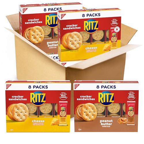 RITZ Peanut Butter Sandwich Crackers and Cheese Sandwich Crackers Variety Pack, School Lunch Box Snacks, 32 Snack Packs