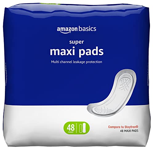 Amazon Basics Thick Maxi Pads for Periods, Super Absorbency, Unscented, 48 Count, 1 Pack (Previously Solimo) - 48 Count - 48