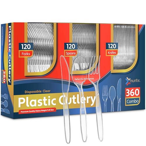360 Count Plastic Silverware Set, 120 Clear Plastic Forks, 120 Plastic Spoons, 120 Plastic Knives, Heavy Duty BPA Free Disposable Plastic Cutlery Set, Premium Clear Utensils for Party Supplies