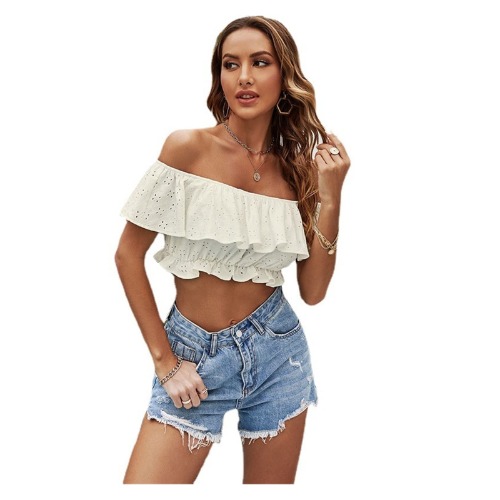 Dames Off-shoulder Korte Mouw Geplooid Geplooid Shirt, Zomer Off-shoulder Crop Top