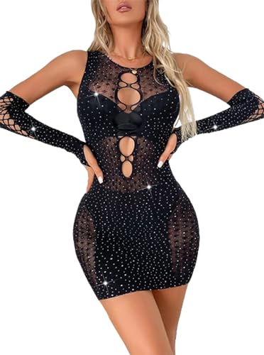 Hilinker Women's Sexy Sleeveless See Through Sparkly Rhinestones Mesh Bodycon Mini Dress - One Size - Bb-black