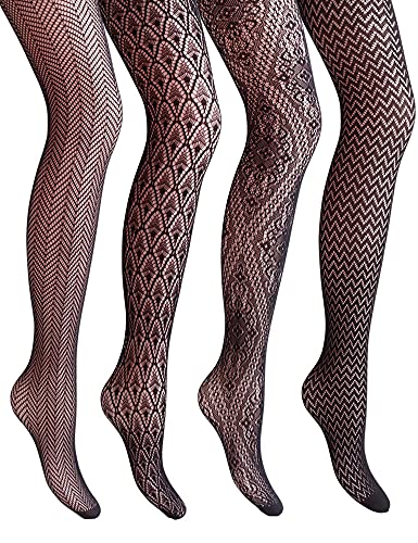 VERO MONTE Women Patterned Fishnet Tights Black Fishnets Net Stockings Pantyhose - ( Height: 5'5" - 5'11" / Weight: 100-180lbs ) - Diamond & Wave Patterned, Black, 4 Pairs 4 Styles