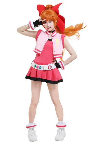 Girls Z PPGZ Hyper Blossom Momoko Akatsutsumi Cosplay Costume Vest Coat Dress Transformation Outfit with Hairband Gloves Belt Accessories