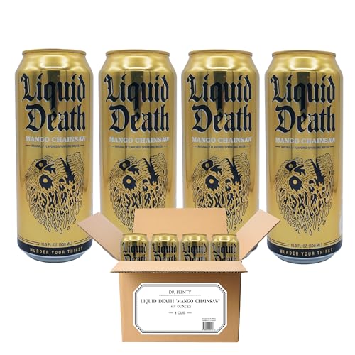 Liquid Death Mango Chainsaw (4 Cans) - Flavored Sparkling Water, 16.9 oz Cans