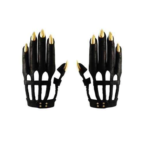 LE SKELETOUR NAIL GLOVES | WOMENS SIZE 7.5 / BLACK LEATHER / GOLD