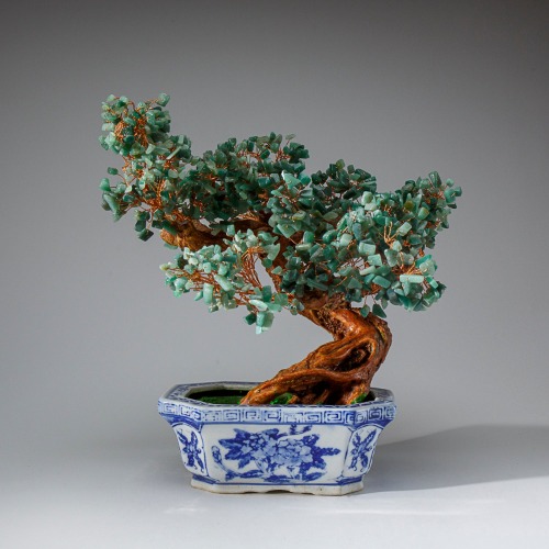 Genuine Green Aventurine Gemstone Bonsai Tree in Square Ceramic Pot (10.5” Tall)