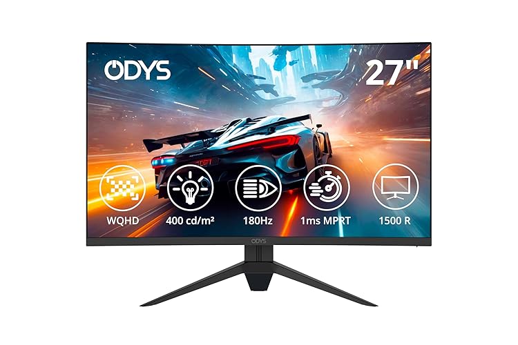 ODYS Q27 PRO-X - Curved Gaming Monitor 27 Zoll (69 cm), 180 Hz, WQHD (2.560x1.440 px), 1 ms Reaktionszeit (MPRT), HDR, 1500R, FreeSync/G-Sync kompatibel, Eye Care, HDMI, Display Port, 3,5mm Audio - 27 Zoll - Curved - WQHD - 180 Hz
