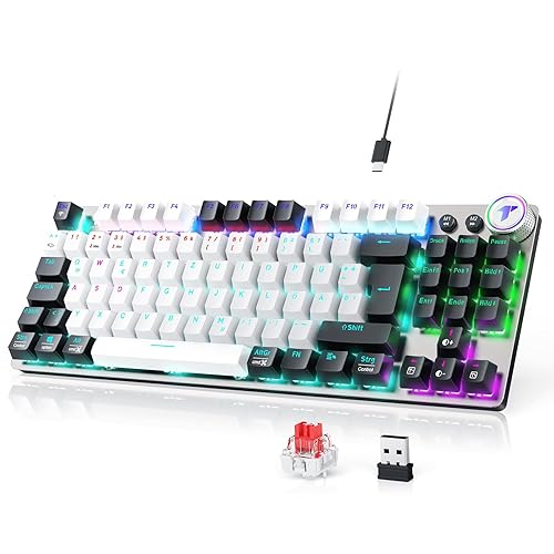 TECURS Mechanische Gaming Tastatur Kabellos, 80% TKL Beleuchtete Wireless Mechanical Keyboard Red Switch QWERTZ Tastatur für PC Laptop Windows - DE-Schwarz Weiß