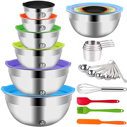 Mixing Bowls with Lid Set, 23PCS Kitchen Utensils Metal Bowl Stainless Steel Nesting Bowls, Measuring Cups and Spoons, Egg Whisk for Baking Prepping Cooking Serving Supplies - 