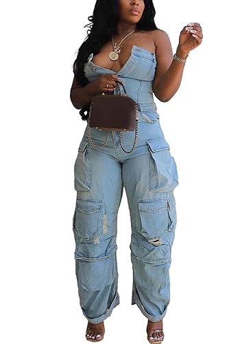 LKOUS Casual Cargo Denim Jumpsuit for Women, Elastic Stretch Multi Pockets Button Down Straight Leg Jeans Jumpsuits - Blue - Small