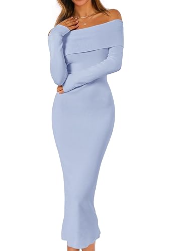 MEROKEETY Women's Fall Off Shoulder Bodycon Sweater Dress Formal Long Sleeve Elegant Cocktail Party Midi Maxi Dresses - Blue - X-Small