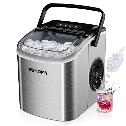 EUHOMY Countertop Ice Maker Machine with Handle, 26lbs in 24Hrs, 9 Ice Cubes Ready in 6 Mins, Auto-Cleaning Portable Ice Maker with Basket and Scoop, for Home/Kitchen/Camping/RV. (Silver) - ICE MACHINE - 11.57"D x 11.42"W x 8.74"H - Silver
