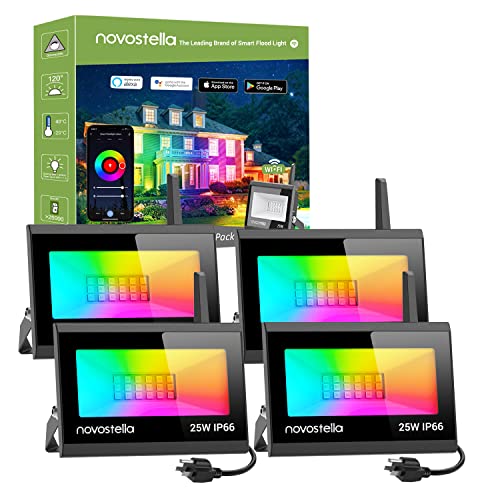 NOVOSTELLA 25W Smart LED Flood Lights, RGB, Second-Generation WiFi Outdoor Dimmable Color Changing Stage Light, IP66 Waterproof, Multicolor Wall Washer Light, Work with Alexa, 4 Pack - 4 packs