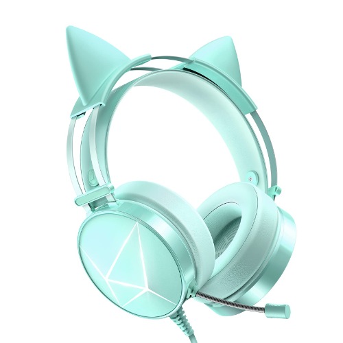 Gaming Headset for PC, Xbox One Headset with Detachable Cat Ear Headphones, PS5 Headset with Noise Canceling Microphone, PS4 Headset with 7.1 Surround Sound, LED Lights Green
