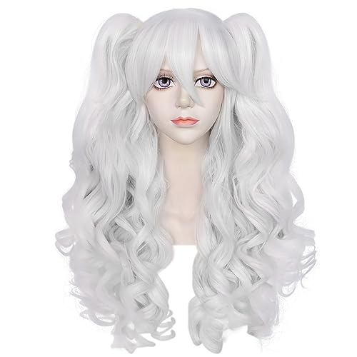 Anogol Hair Cap+White Wig Costumes For Women With 2 Curly Ponytail Wig Long Curly Wig For Cosplay Wig For Halloween Costume Party For Women(White) - White