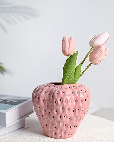 DN DECONATION Pink Strawberry Vase for Flower, Strawberry Shaped Planter Pot for Girls, Unique Ceramic Fruit Vases for Strawberry Party Baby Shower Kitchen Decorations - Pink Strawberry - 6.5 Inch