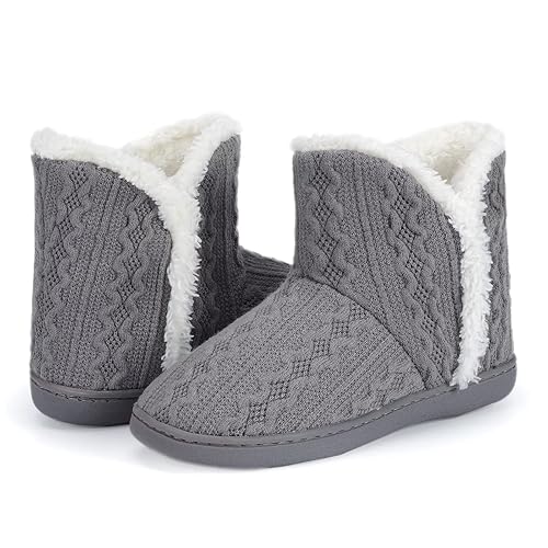 NineCiFun Women's Fuzzy Winter Bootie Slippers Knitted Ankle Boots Slippers Warm House Shoes Outdoor Indoor with Plush Fur Lining - 7-8 - Grey