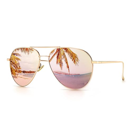 SUNGAIT Women's Lightweight Oversized Aviator Sunglasses - Mirrored Polarized Lens - 2024 Light-gold Frame/Pink Mirror Lens
