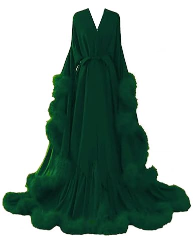 Womens Sexy Feather Bridal Robes Silk Satin Maternity Robes for Photoshoot Long Nightgown Bathrobe Sleepwear - 3X-Large - Green