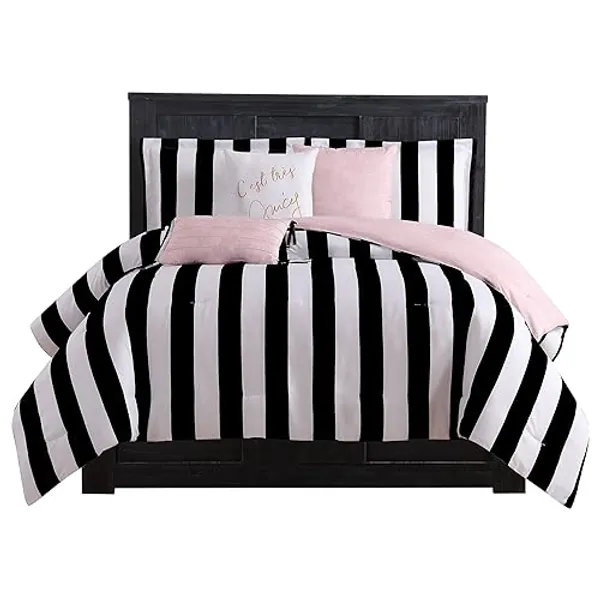 Juicy Couture Cabana Stripe Reversible Bedding Set - Queen Size - Black and White Stripe Print – 6 Piece Set – Includes 1 90" x 90" Comforter, 3 Decorative Pillows, 2 Shams - Cabana Stripe Black/White - Queen/Full