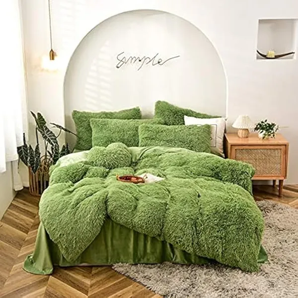 MorroMorn 5 PCS Shaggy Duvet Cover Bedding Set - Fluffy Comforter Cover Long Faux Fur Luxury Ultra Soft Cozy (Green, King/California King) - Green - King/California King