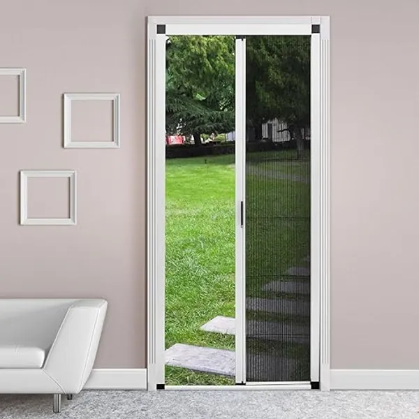 ROOMNEST No-Drilling Retractable Screen Door, Folding Door with Aluminum Frame and Durable Mesh, Keeps Bugs Out, for Single Door or Double Door Customize Size(White - White