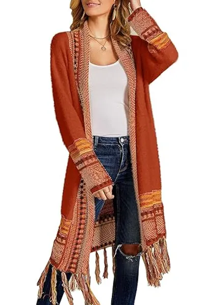 FERBIA Women Boho Cardigan Sweater Long Open Front Maxi Knit Sweaters Aztec Tribal Tassel Fringe Thin Coat - Large - B-brick Red