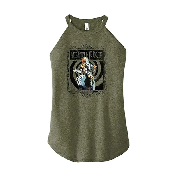 HYBRID APPAREL - Beetlejuice - Beetlejuice On Grave - Juniors High Neck Tank Top - Large - Heather Military Green