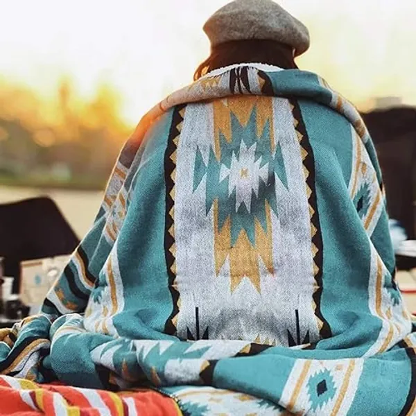 Aztec Patterned Throw Blanket with Soft Sherpa Lining, Traditional Southwestern Navajo Tribal Style Warm Throw for Home Decor, Light Weight Cozy Boho Blanket for Bed, Couch, Sofa, 104”x90”, Teal - Teal - 104" x 90"