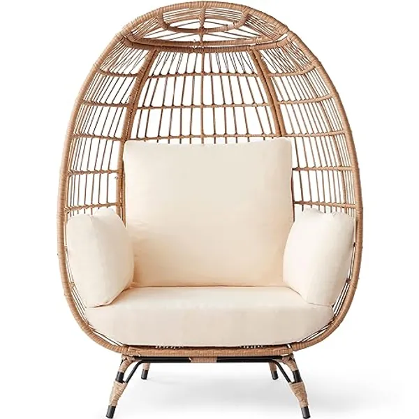 Best Choice Products Wicker Egg Chair, Oversized Indoor Outdoor Lounger for Patio, Backyard, Living Room w/ 4 Cushions, Steel Frame, 440lb Capacity - Ivory - Ivory - Standard