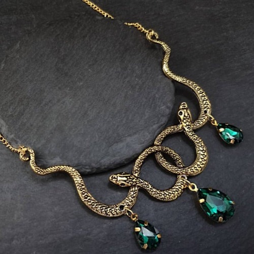 Lair of the Twin Serpents Necklace - Antique Gold + Green Crystals