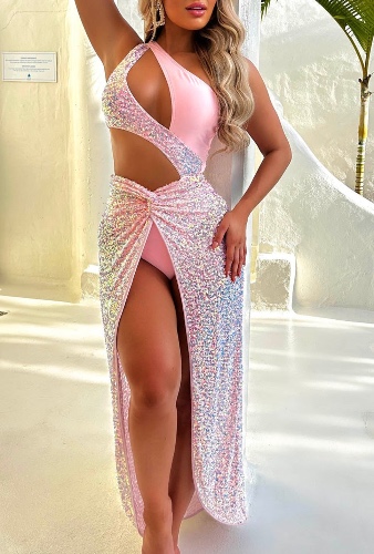 Bali Queen Baby Pink Knot Detail Sequin Maxi Skirt Cover Up | 8