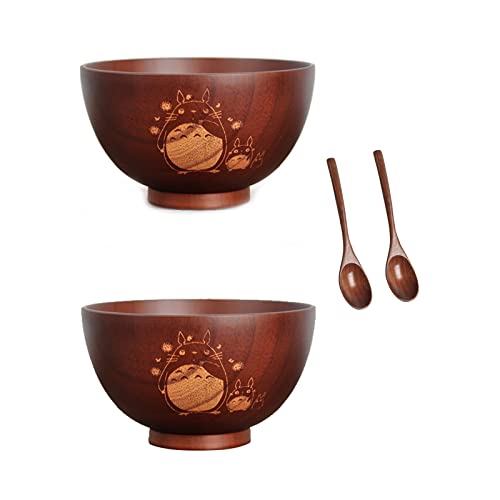 Huachaoxiang 2er Set Japanische Reisschale Suppenschale aus Kastanienholz für Reis, Suppen, Desserts, Knabbereien, (11,7 cm Durchmesser) Schale für Kinder (Schalen + Löffel),Braun - Brown Braun