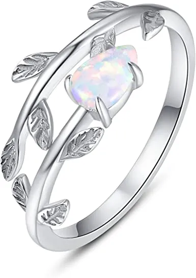 Leaf Ring 925 Sterling Silver Opal Ring Finger Adjustable Open Ring for Women Girl
