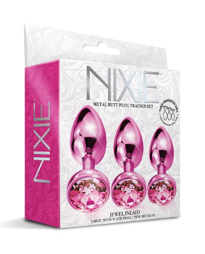 Nixie Metal Butt Plug Trainer Set W/inlaid Jewel - Pink Metallic