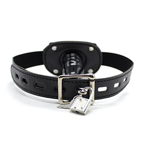 YiFeng Lockable Dildo Penis Mouth Gag with Lock Bondage Leather Strap On BDSM Adult Sex Toy (Short) - Short - Black