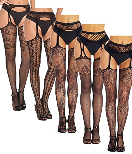 SOUTHRO 5 Pairs Fishnet Thigh High Garter Stockings Patterned Tights for Women,Garter Belt Set & Suspender Pantyhose for Girl - One Size - H-5pcs