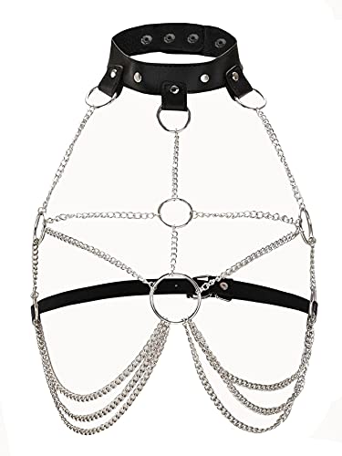 Rave Hologram Body Chest Harness Cage Bra Choker Chain Belts Body Costume with Pasties for Music Festival Roleplay Clubwear - Fashion Black